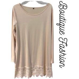 Boutique Cream Knit Tunic Top w/ Crocheted Accent Trim Womens Size L NWOT!